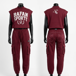 High Quality 320 GSM Cotton Fleece Sleeveless <b>Top</b> With Cargo Pants Women <b>Maroon</b> Custom Logo Set Women's Sets - Product Image 5