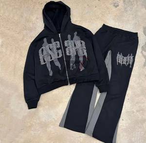 Conjunto Deportivo de Forro Polar Unisex de 2 Piezas con Estampado Gráfico Invernal, Sudadera con Cierre y Pedrería, Pantalones Jogger Acampanados, Ecológico y Transpirable, Talla XS - Product Image 1