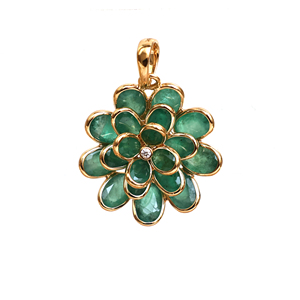 Natural Emerald Floral Bloom <b>Pendant</b> in <b>Solid</b> 18K Yellow <b>Gold</b> – Bezel Set Triple-Tier Pear Gemstone Flower Medallion - Product Image 2