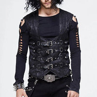 Gilets en cuir PU noir pour hommes, style gothique rock steampunk punk, avec fermetures à boucles et lacets au dos