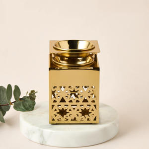Solid Wood Base Brass Charcoal Bakhoor <b>Burner</b> Stand with <b>Silver</b> Geometric Cutout Square Metal Arabic Mabkhara For Home Fragrance - Product Image 4