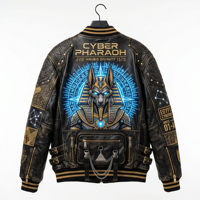 Blouson Bomber en Cuir Cyber Pharaoh pour Homme, Style Motard Punk Égyptien Brodé et Vieilli, Coupe-Vent avec Col Montant et Fermeture Éclair