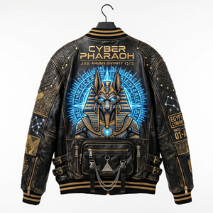 Blouson en cuir personnalisé Cyberpunk Anubis, style bomber vieilli, brodé, streetwear, pharaon égyptien, punk, motard, pour homme - Product Image 2