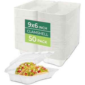 Paquete de 50 Cajas de Almuerzo Desechables de 9x6 Pulgadas, Contenedores de Alimentos Tipo Concha con Tapas Biodegradables de Caña de Azúcar, Cajas Ecológicas para Llevar, Contenedores de Papel - Product Image 1