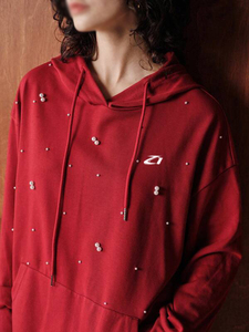 Sudadera con Capucha Extra Grande para Mujer, Color Borgoña, Mezcla de Algodón, Adornada con Perlas, Estilo Casual Urbano, Fabricante con Logotipo Personalizado - Product Image 4
