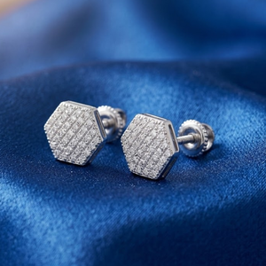 0.75 TCW Real Diamond Stud <b>Earrings</b> 14K White Gold Round Cut Cluster | Hexagon Design Screw <b>Back</b> Women Fine Jewelry Style Gift - Product Image 1