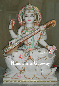Colorful Marble Goddess Saraswati Sculpture - Product Image 4