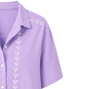 Camisa Corta de Mujer con Bordado de Lavanda Personalizado, Blusa Casual de Verano con Botones y Manga Corta, Mezcla de Lino con Logotipo Personalizado - Product Image 4