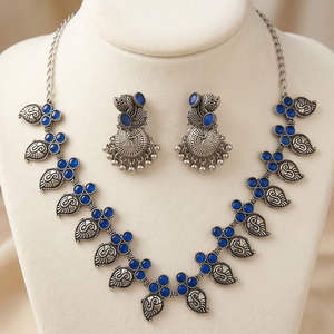 DIVYORO Women's Ornate Leaf-Pattern Royal <b>Blue</b> Embellished Stone Oxidized Silver Long Adjustable <b>Necklace</b> From Orissa-Gift - Product Image 1