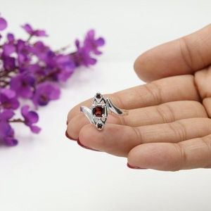 925 Sterling <b>Silver</b> <b>Garnet</b> Gemstone <b>Ring</b> Three Stone Handmade Bohemian Jewelry January Birthstone - Product Image 4