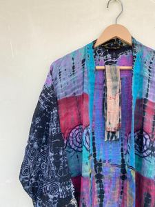 Kimono largo de Sari de seda crepé reciclado rosa y azul para mujer - Product Image 5