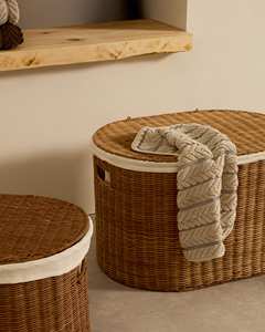 Artisanal Set Of 2 Oval Rattan <b>Storage</b> Baskets With Lids Natural Wicker <b>Hampers</b> With Liners For Bedroom Living Room Organization - Product Image 4