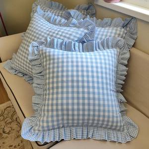 <b>Blue</b> and White <b>Gingham</b> Ruffle Pillow Cover 100% Cotton Decorative Cushion Case for Sofa Bed Home Eco Friendly Reusable - Product Image 1