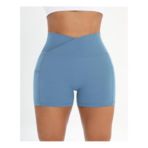 Short de yoga pour femme, taille croisée, extensible, compressif, avec poches latérales, très demandé - Product Image 6