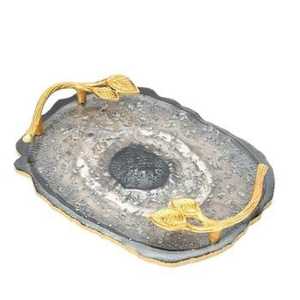 Luxury Mauve Pink Resin Serving Tray with Gold Leaf Branch Handles Geode Style Agate Platter for <b>Coffee</b> <b>Table</b> Jewelry Vanity - Product Image 2