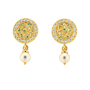 Trendy 18K Gold Plated Brass Round Stud Earrings with Pearl and Diamond Accents - Product Image 2