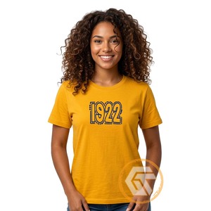 เสื้อยืดคอกลมสีทองสำหรับผู้หญิง Sigma Gamma Rho ทรงปกติ สวมใส่สบาย แขนสั้น ผ้าฝ้ายเจอร์ซีย์ 100% พิมพ์โลโก้ เป็นมิตรกับสิ่งแวดล้อม - Product Image 1