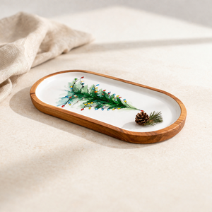 Bandeja ovalada de madera de mango esmaltada con estampado de árbol de Navidad grande, hecha a mano, para servir bocadillos, frutos secos, para uso en el hogar, cocina o restaurante. - Product Image 3
