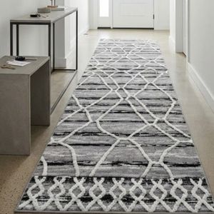 Alfombra de Pasillo Moderna de Tejido Plano Geométrico, Fabricada en India, a Precio Inmejorable, Alfombra Rectangular Gris a Rayas para Pasillo - Product Image 1
