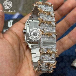 Montre de luxe rectangulaire dorée Charm_Jewells 38 mm à quartz analogique avec lunette sertie de diamants pour homme - Product Image 4