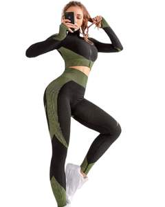 Conjunto Deportivo Jacquard Sin Costuras para Mujer, 2 Piezas, Leggings de Nylon de Cintura Alta Elástica con Top Deportivo de Manga Corta, Ropa de Yoga - Product Image 5