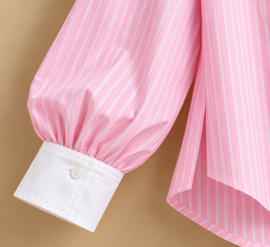 Women's Pink Striped <b>Long</b> Sleeve Button Down Shirt With <b>White</b> Collar And Cuffs Casual Loose Fit Spring Summer Blouse - Product Image 4