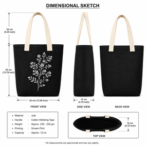 Sac fourre-tout en jute noir avec imprimé floral blanc, poignées crème, style minimaliste, toutes saisons - Product Image 2