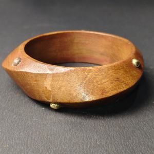 Unique Asymmetrical Tapered Wood Bangle with Gold <b>Sphere</b> Studs - Designer Hand-Carved Ergonomic Wooden Jewelry - Product Image 5