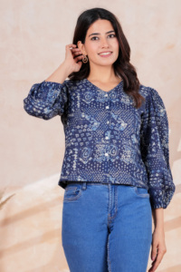 Blusa informal azul estampada para mujer – Elegante camisa con botones y mangas abullonadas para uso diario - Product Image 3