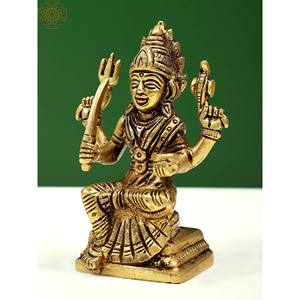 Petite sculpture en laiton de 5 pouces faite à la main de Santoshi Mata assis sur un piédestal Idol - Product Image 2