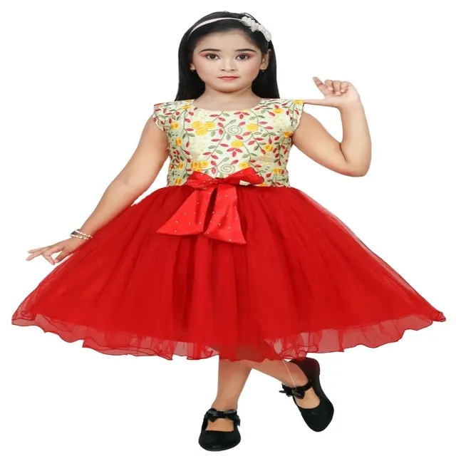 Premium quality Fancy frock 100% cotton classical elegance red color embroidery work dress for Girls kids wear