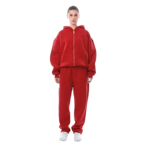 Women <b>Pink</b> Hooded <b>Tracksuit</b> Full Zip Sweatshirt Pants Set Casual Loose Fit Solid Color Cotton Sportswear Spring Wear - Product Image 3