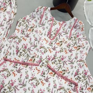 ชุดเสื้อผ้าลินินลายดอกไม้สำหรับผู้หญิง ชุดสามชิ้นแบบ Anarkali Kurti Salwar Kameez ทรงหลวมสำหรับงานปาร์ตี้ - Product Image 5