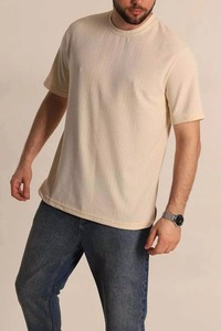 Men's Beige <b>Waffle</b> Knit T-<b>Shirt</b> Short Sleeve O-Neck Regular Fit Casual Solid Design Breathable Cotton Top - Product Image 5