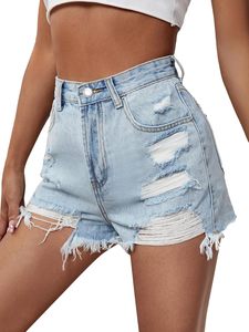 Shorts de mezclilla elásticos de talle alto con estampado y cremallera para mujer, estilo europeo-americano, talla grande, lavado arena, sexy, para verano - Product Image 3