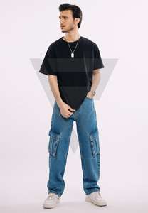 Pantalon cargo baggy en jean bleu foncé pour homme, coupe droite, avec empiècements, délavé, poches aux genoux, écologique, respirant, avec logo - Product Image 5