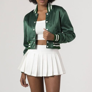 Women's Green Satin Varsity Jacket Cropped Full Sleeve <b>Single</b> Button Closure <b>Quilted</b> Cotton-Filled 100% Wool Towel Embroidery - Product Image 4