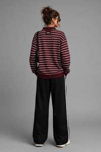 Burgundy <b>White</b> Striped <b>Long</b> <b>Sleeve</b> Polo <b>Shirt</b> Knitted Button Collar Sporty Top - Product Image 2