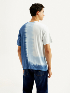 Camiseta de algodón de manga corta con cuello redondo y estampado tie-dye azul y blanco para hombre, estilo casual, corte regular, talla grande - Product Image 2