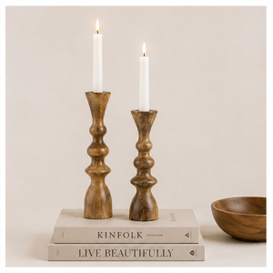 Handcrafted Natural Mango Wood <b>Taper</b> <b>Candle</b> Holder Set Of 2 Elegant Boho Spindle Design for Modern Farmhouse Home Decor Table - Product Image 3