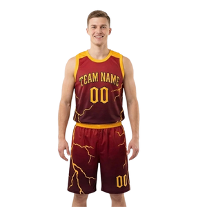Ensemble d'uniformes de basketball personnalisés pour hommes, 100 % polyester, écologique, respirant, motif éclair, col en V, sans manches, maillot et short - Product Image 1