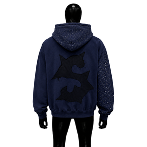 Sweat à capuche zippé bleu marine pour homme, motif graphique Fast Money, en polaire oversize avec manches ornées de strass, style streetwear décontracté, manches classiques - Product Image 2