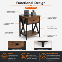 Table de chevet rustique industrielle avec tiroir et étagère ouverte, structure en métal en X, fabrication OEM ODM, pour chambre à coucher