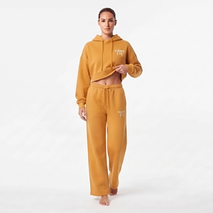 Custom Logo Women <b>Crop</b> <b>Top</b> Cotton Fleece Full Sleeve Drop Shoulder Drawstring Hoodie And Wide Leg Jogger <b>Set</b> - Product Image 3