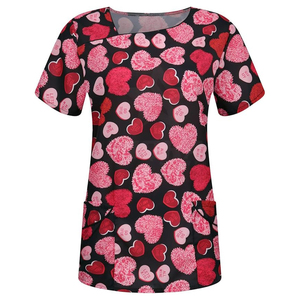 Haut de blouse médicale personnalisé pour femme, imprimé cœur Saint-Valentin, col cache-cœur, manches courtes, uniforme d'infirmière avec poches - Product Image 2