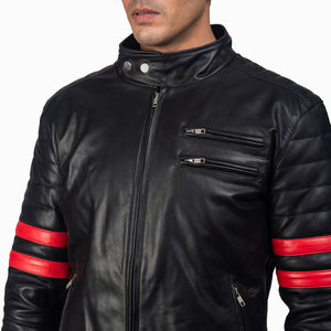 Chaqueta de Motociclista de Cuero Genuino con Diseño de Rayas Rojas, Corte Ajustado, Bolsillos con Botones, Estilo Bomber, Cuero de Grano Completo - Product Image 6