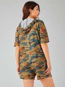 Ensemble short et haut à capuche camouflage 2 pièces pour femme, coupe ample, décontracté, respirant, en polyester tricoté, printemps-été - Product Image 5