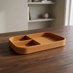 Plateau de rangement de bureau en similicuir de qualité supérieure avec surpiqûres décoratives, plateau de service rectangulaire moderne pour le bureau et la maison - Product Image 5