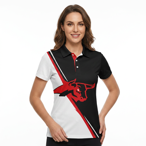 Polo de Manga Corta para Hombre con Estampado de Logo de Toro, Bloques de Color Negro, Blanco y Rojo, de Secado Rápido, Tejido de Poliéster, Ajuste Casual - Product Image 3