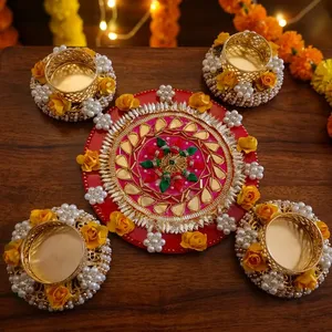 Ensemble de porte-bougies à bougies chauffe-plat faits à la main en or rouge et perles avec plateau floral Rangoli pour Diwali, mariage, festival, décoration intérieure, cadeaux - Product Image 6